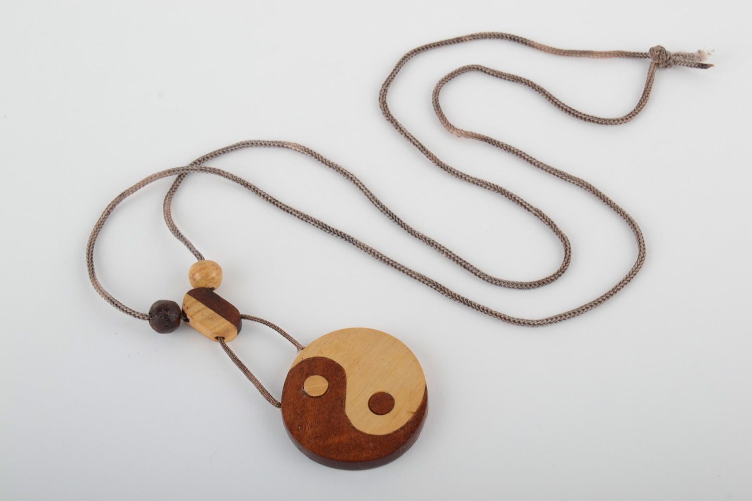 Handmade round carved wooden neck pendant with cord Yin and Yang for women photo 4