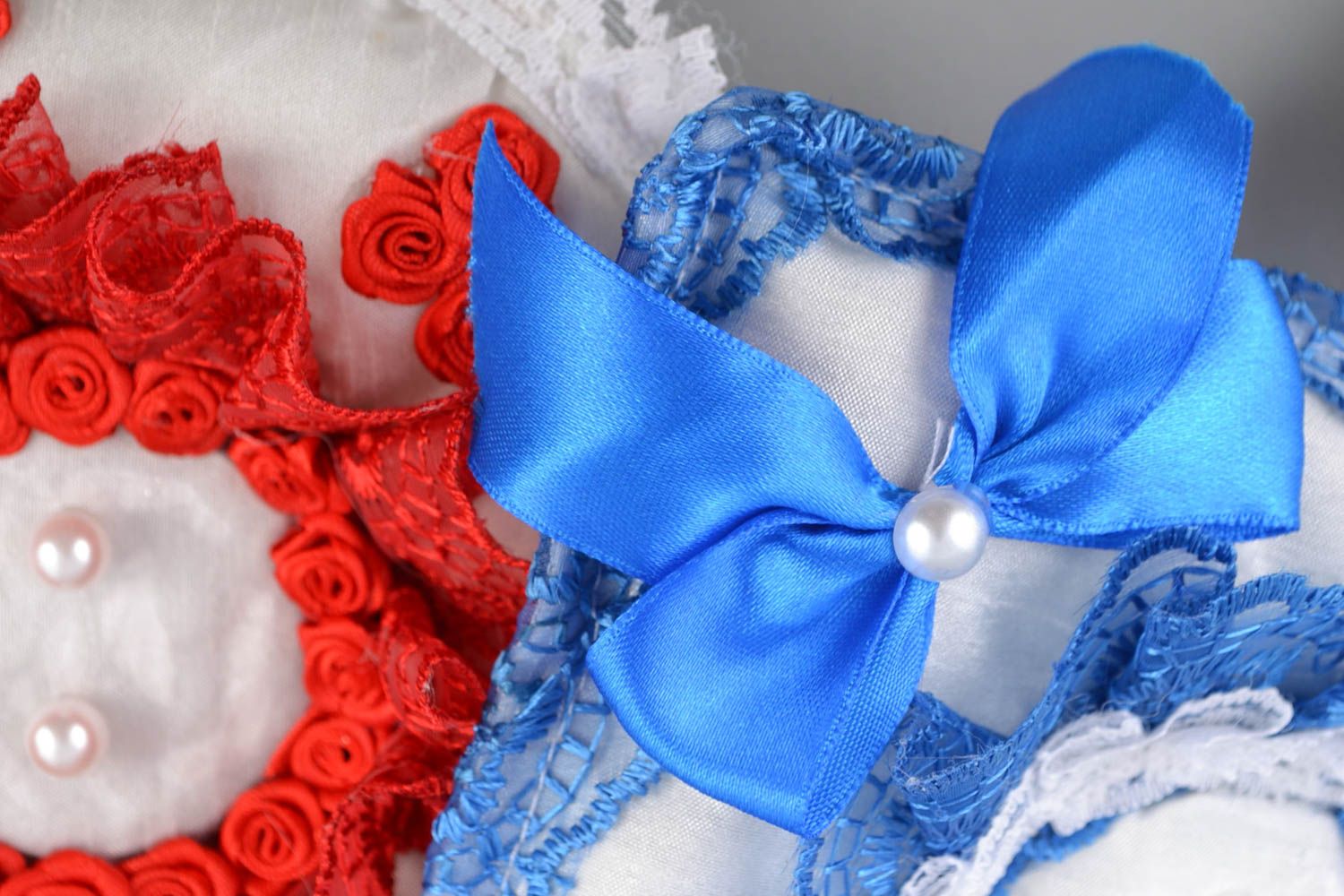 Handmade unusual wedding pillows for rings set of 3 pieces blue red white photo 2