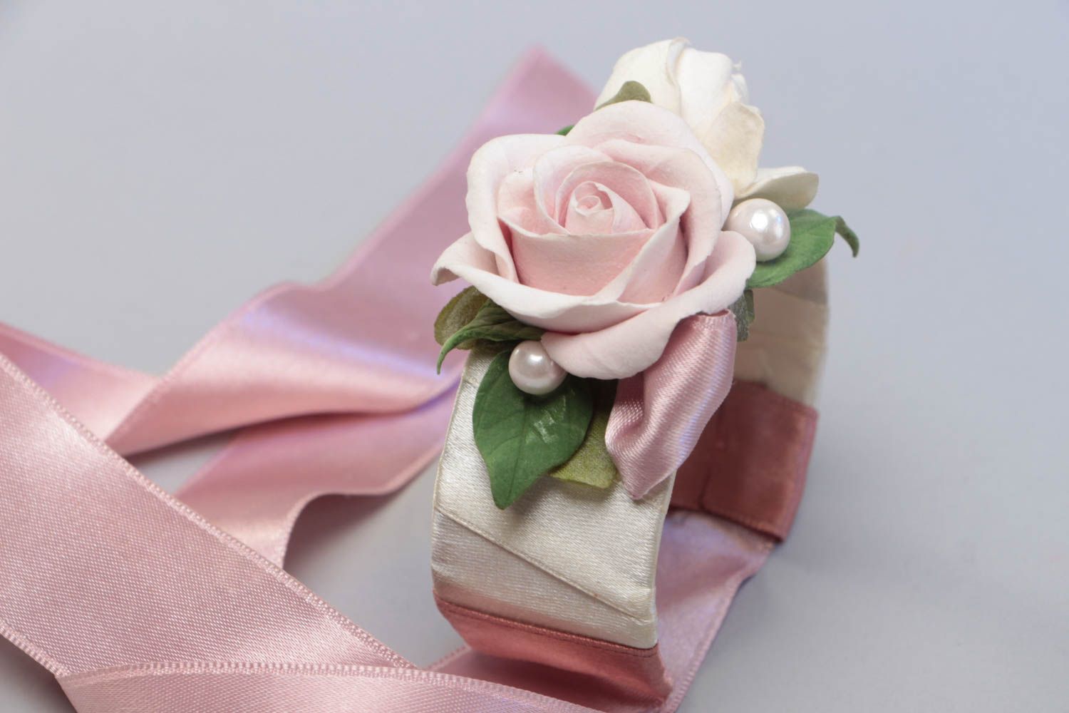 Pink rose flower wedding bracelet with satin ribbons photo 1