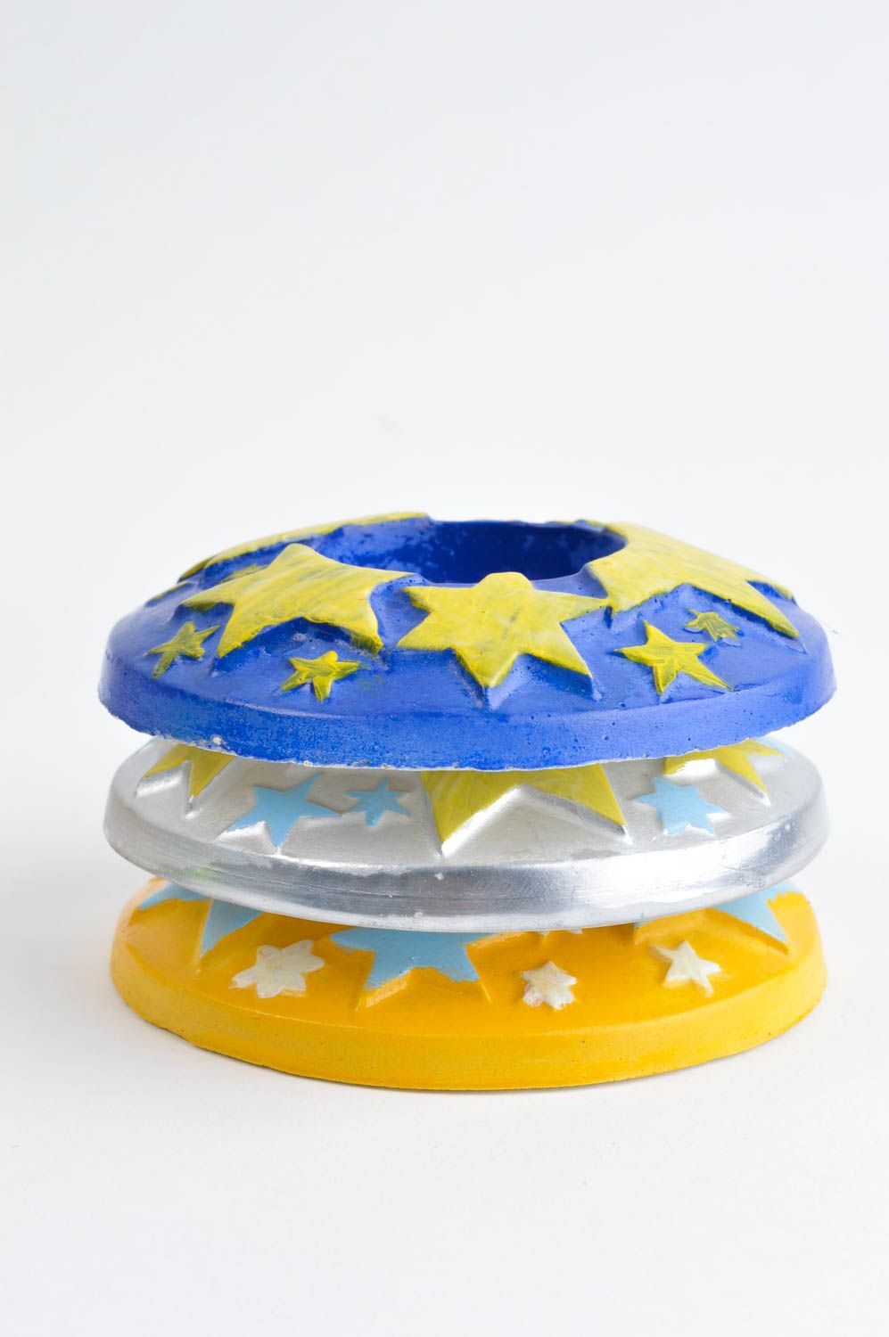 Set of 3 flat ceramic plate tea light candle holders in silver, yellow and blue color photo 2