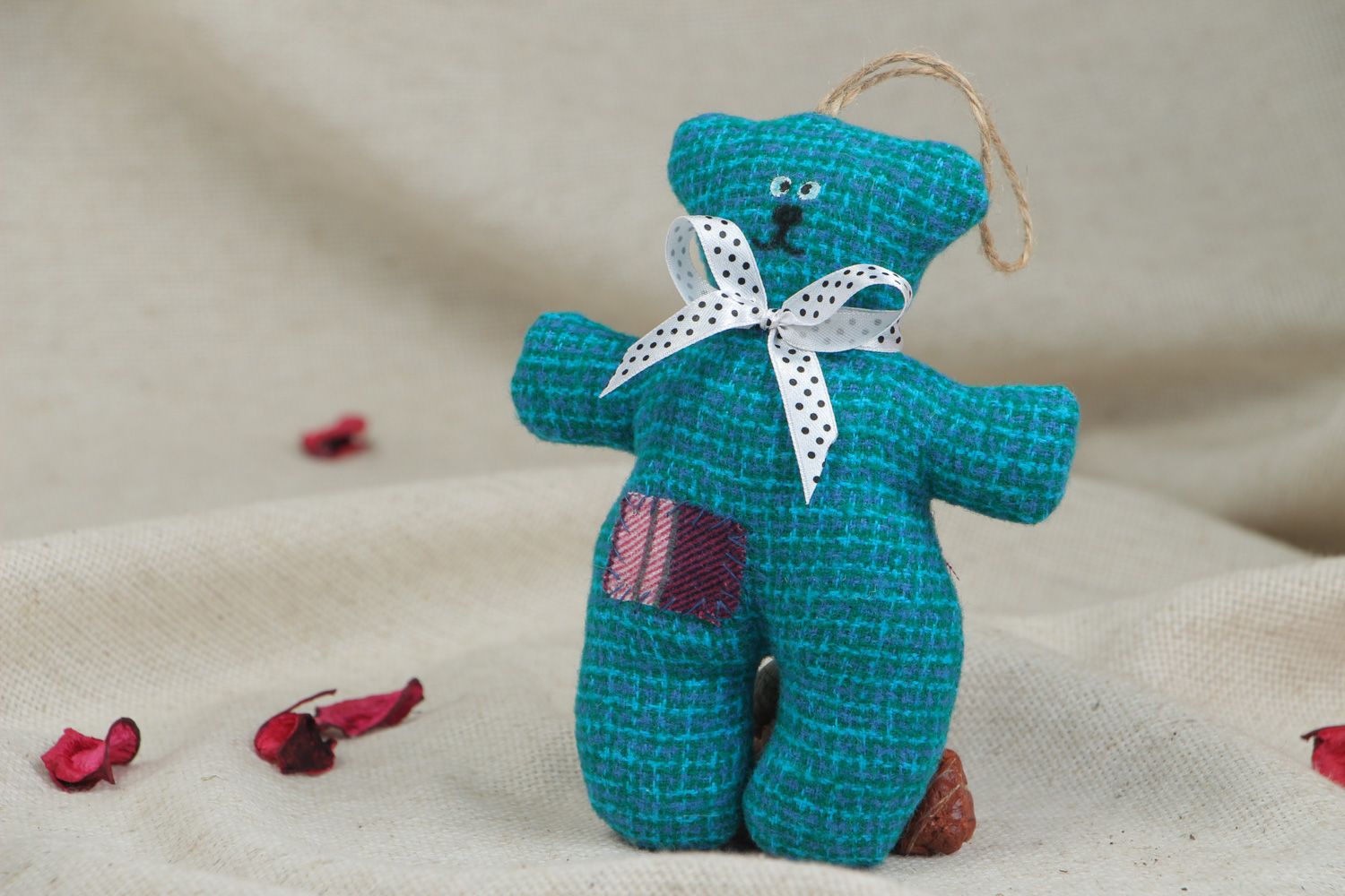 Cute handmade soft toy bear sewn of fabric of turquoise color with eyelet photo 5