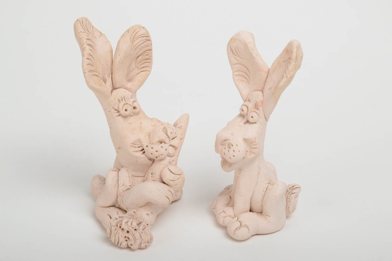 Set of 2 handmade funny miniature ceramic figurines of rabbits for interior photo 5
