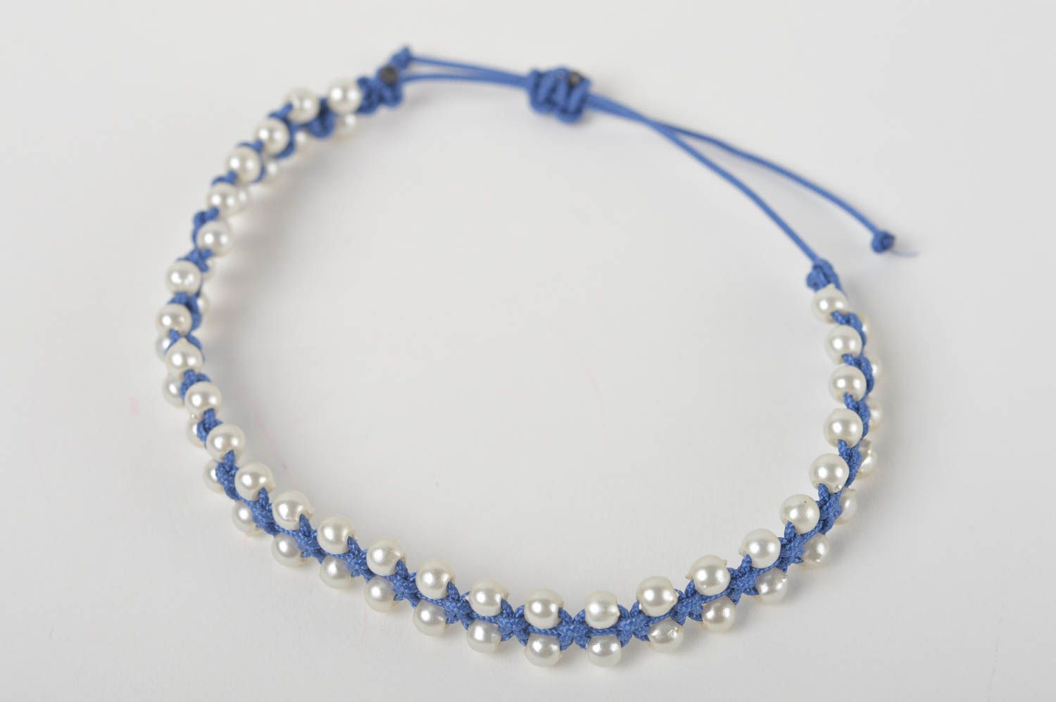 Bracelet textile Bijou fait main bleu fin tressé avec perles Cadeau femme photo 4