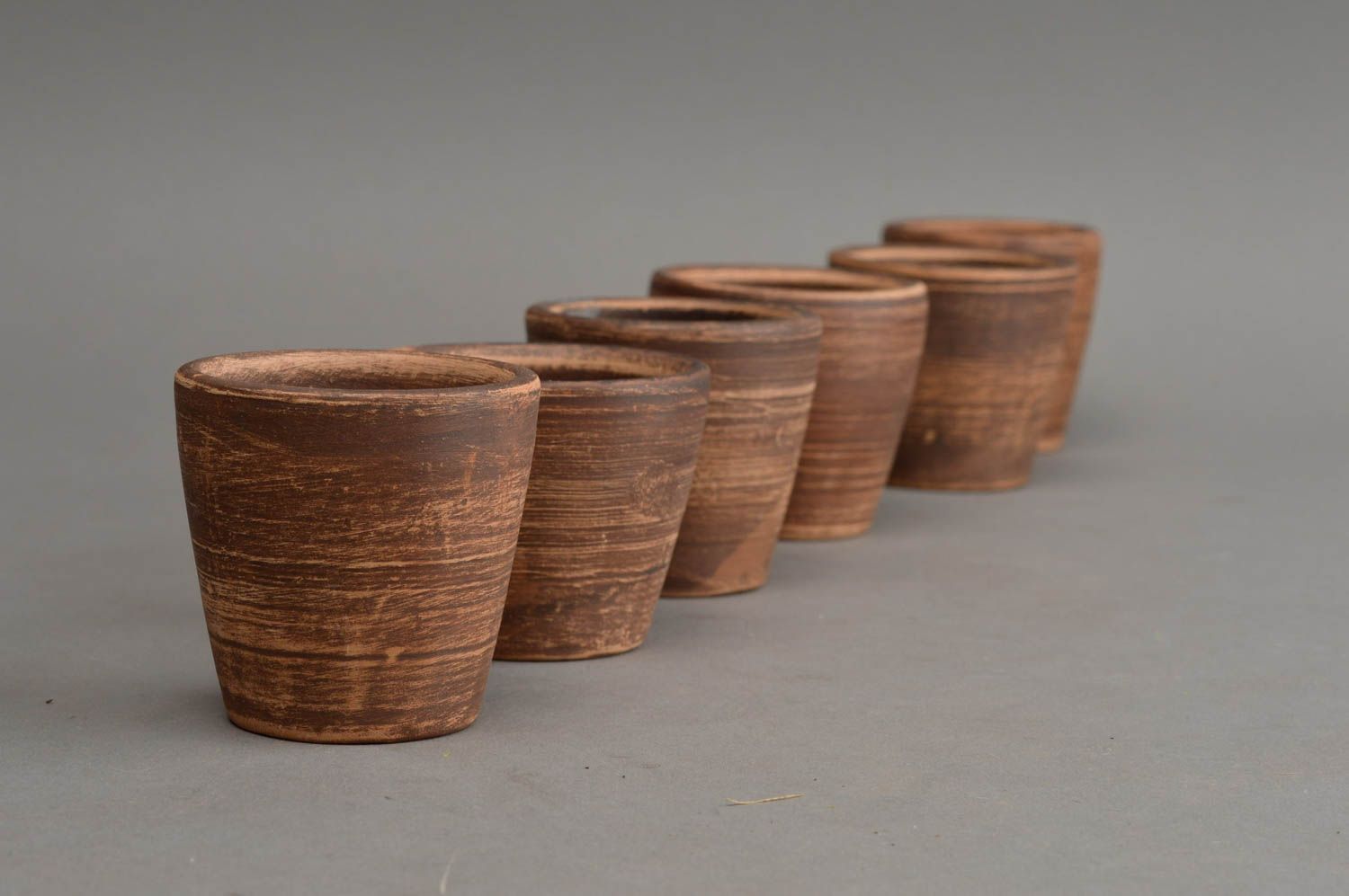 Set of 6 handmade ceramic small designer brown shot glasses in ethnic style photo 3