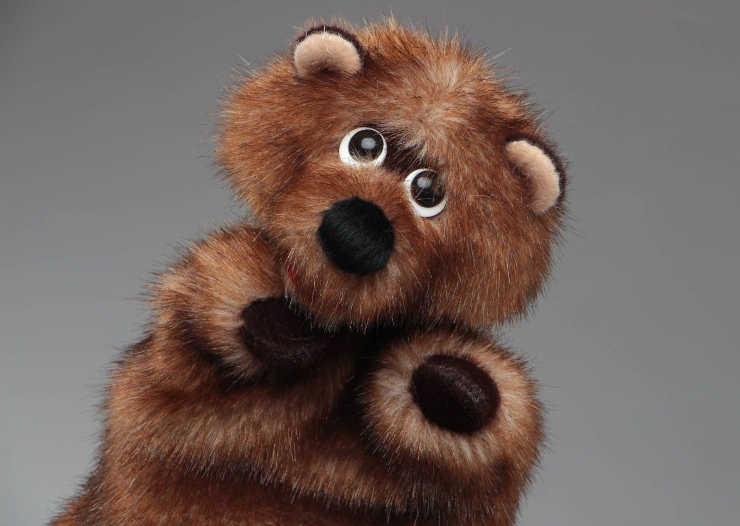 Handmade soft glove toy sewn of brown faux fur bear cub for puppet theater photo 4