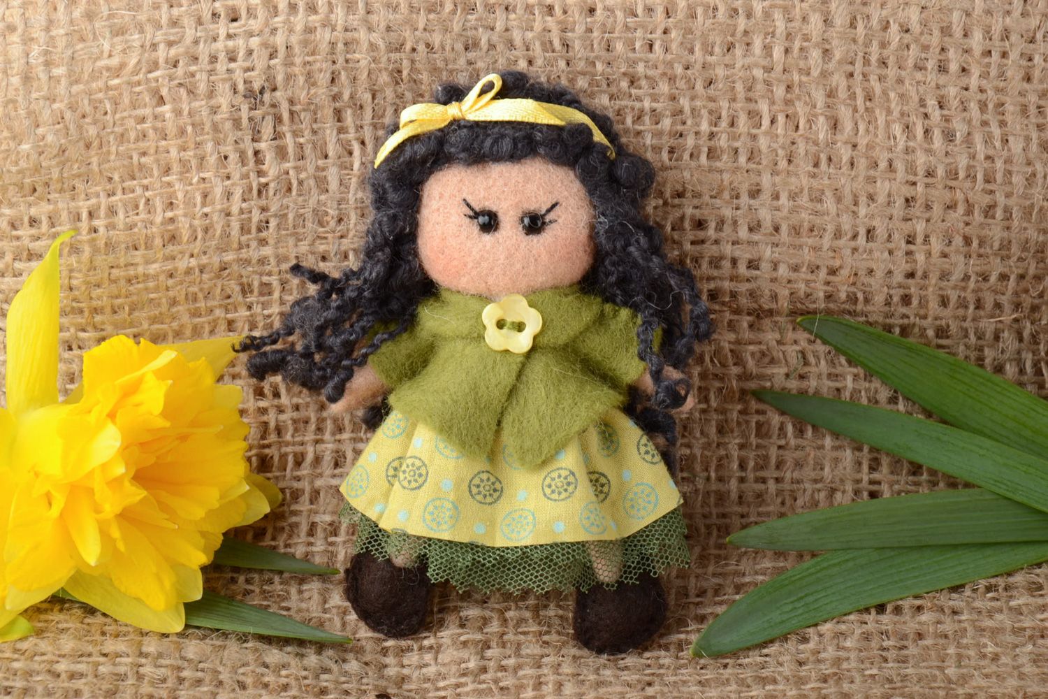 Handmade decorative fridge magnet felted of wool in the shape of little doll photo 1