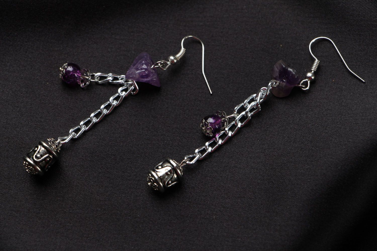 Long earrings with amethyst stone photo 1