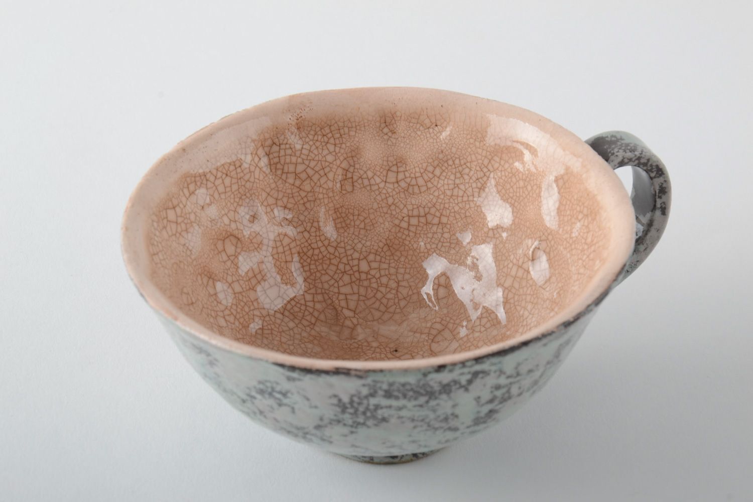Clay glazed ceramic wide cup for coffee in grey and brown color photo 3