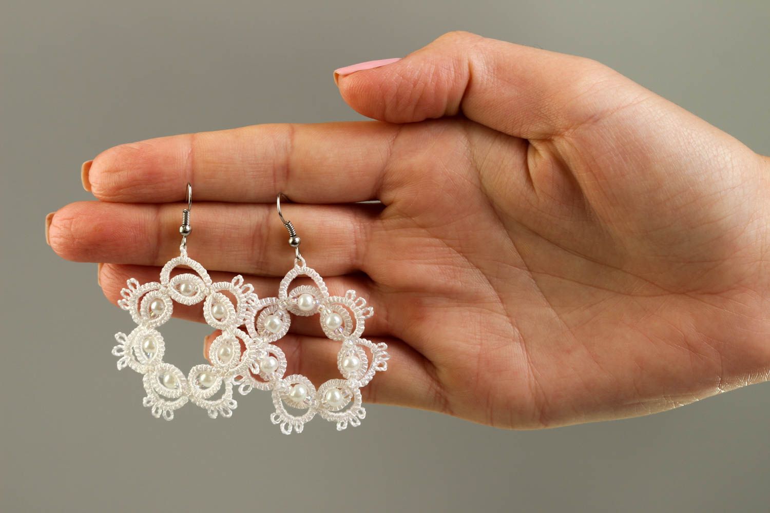 White handmade tatting earrings woven thread earrings accessories for girls photo 5
