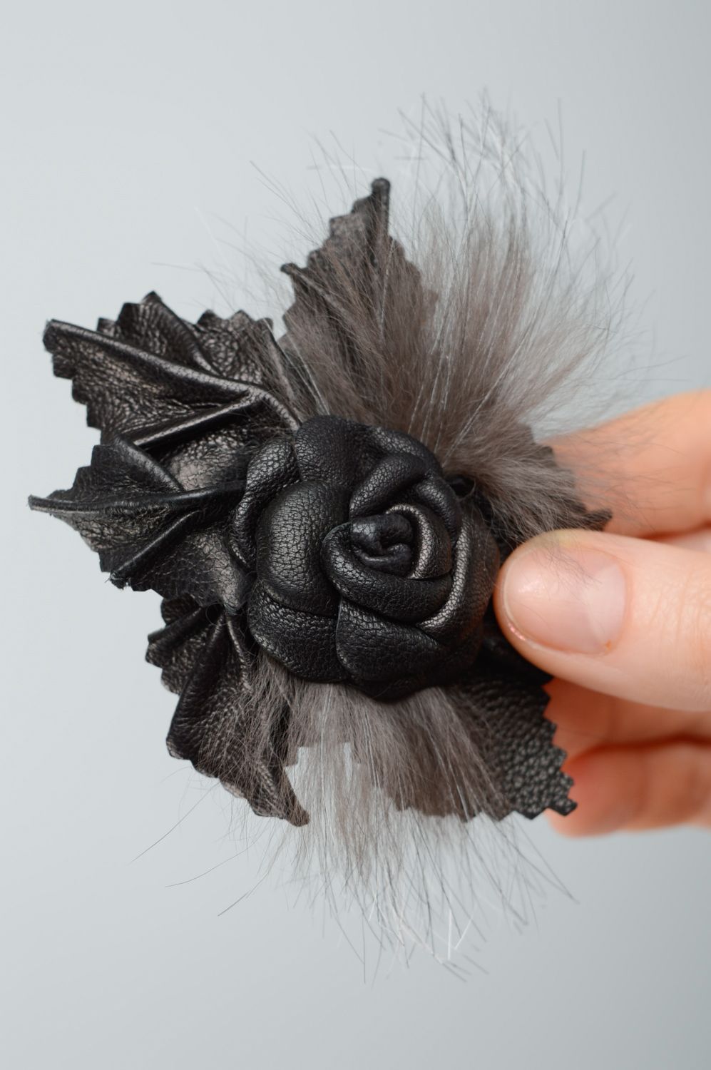 Black floral leather brooch with fur photo 2