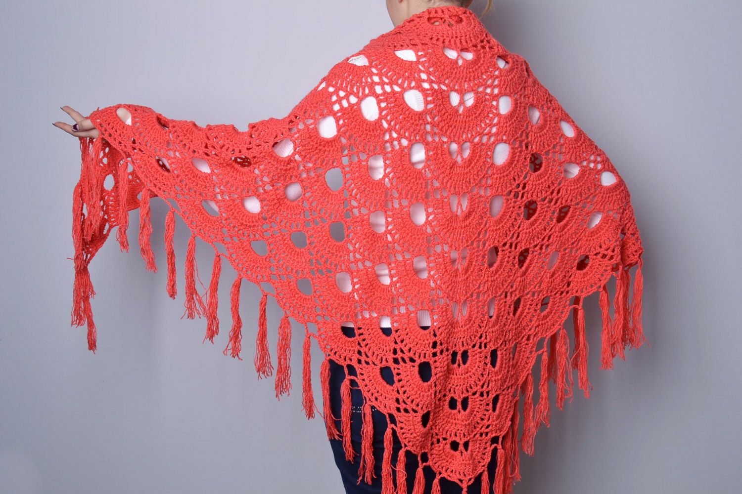 Large handmade lacy women's shawl crocheted of red semi-woolen threads  photo 1