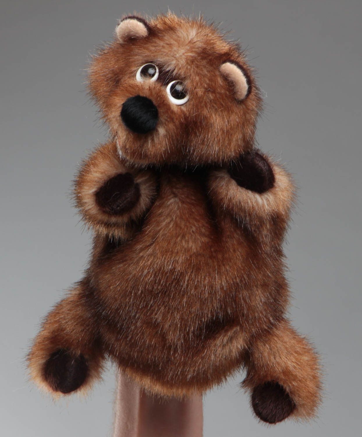 Handmade soft glove toy sewn of brown faux fur bear cub for puppet theater photo 5