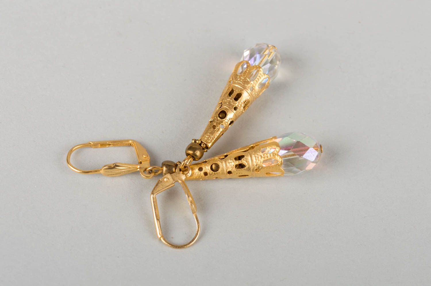 Handmade elegant long brass earrings with crystal beads designer women's jewelry photo 5