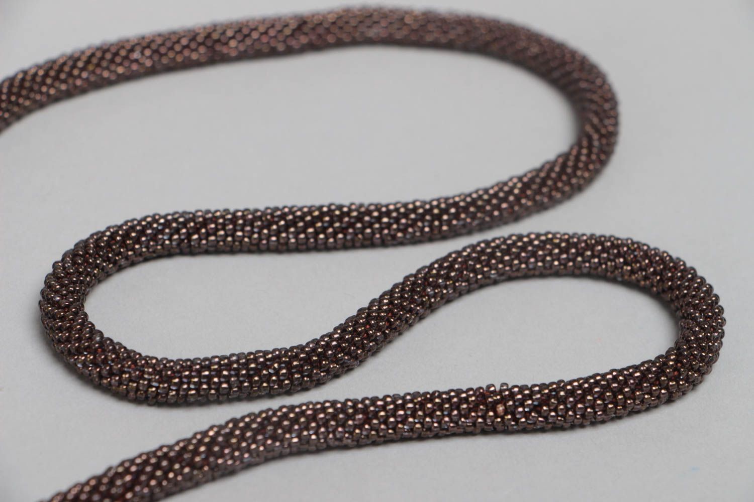 Handmade dark long bead woven cord necklace with beaded pendant photo 4