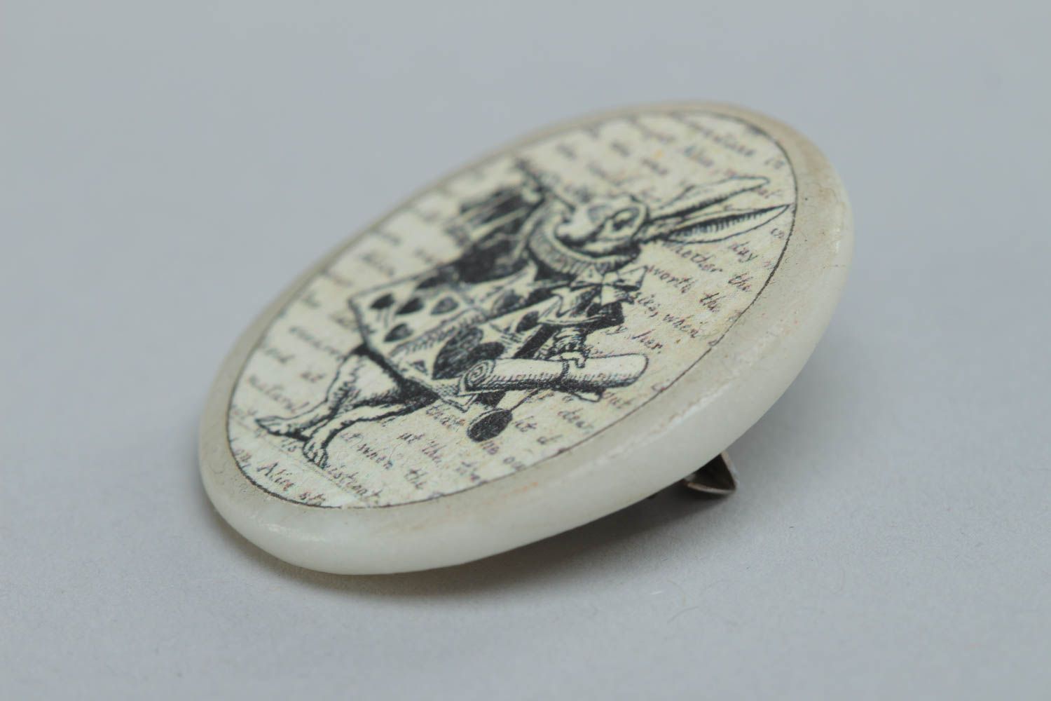 Handmade decorative oval brooch made of polymer clay with print Hare photo 3