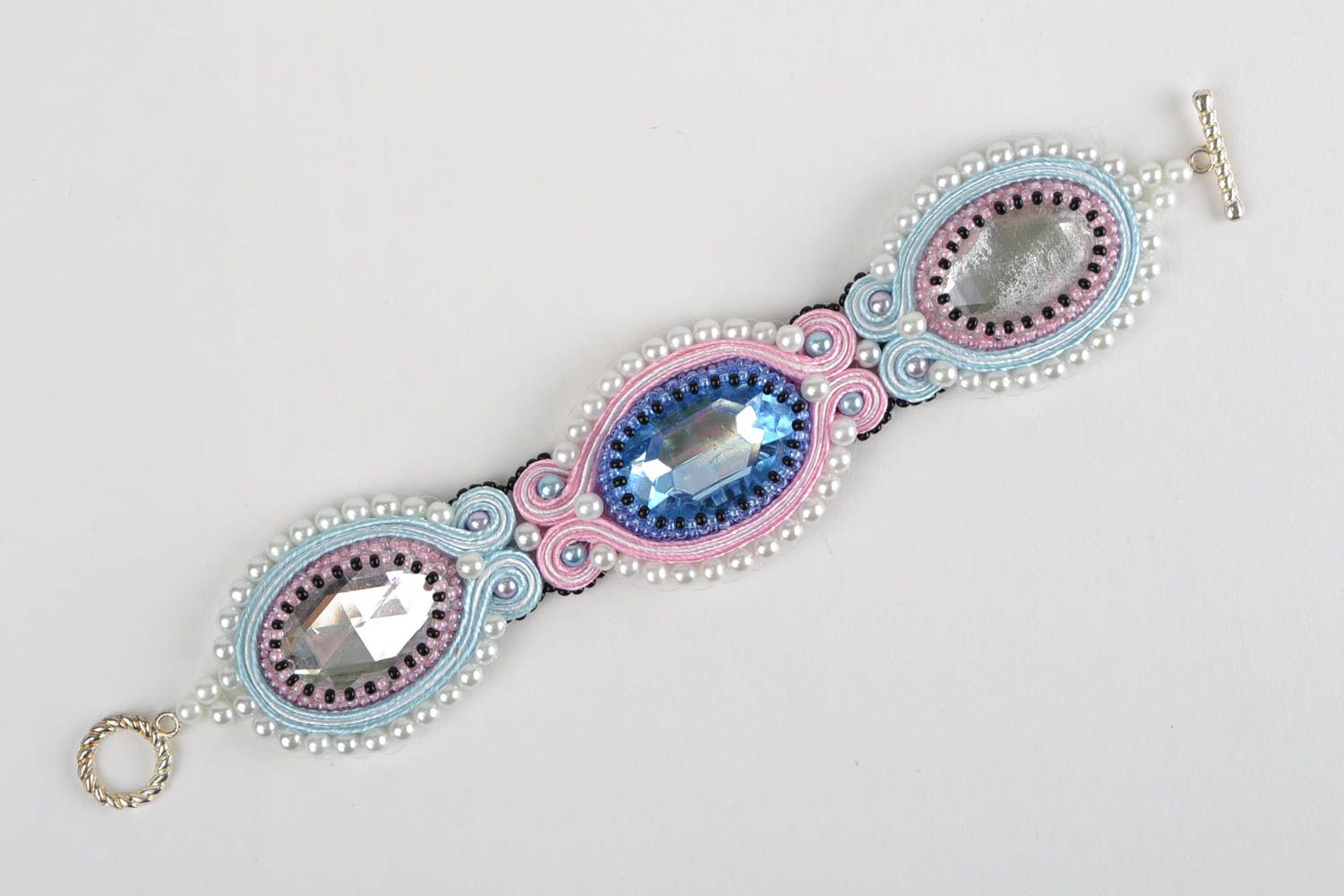 Handmade wrist bracelet embroidered with soutache cord and seed beads light blue photo 2