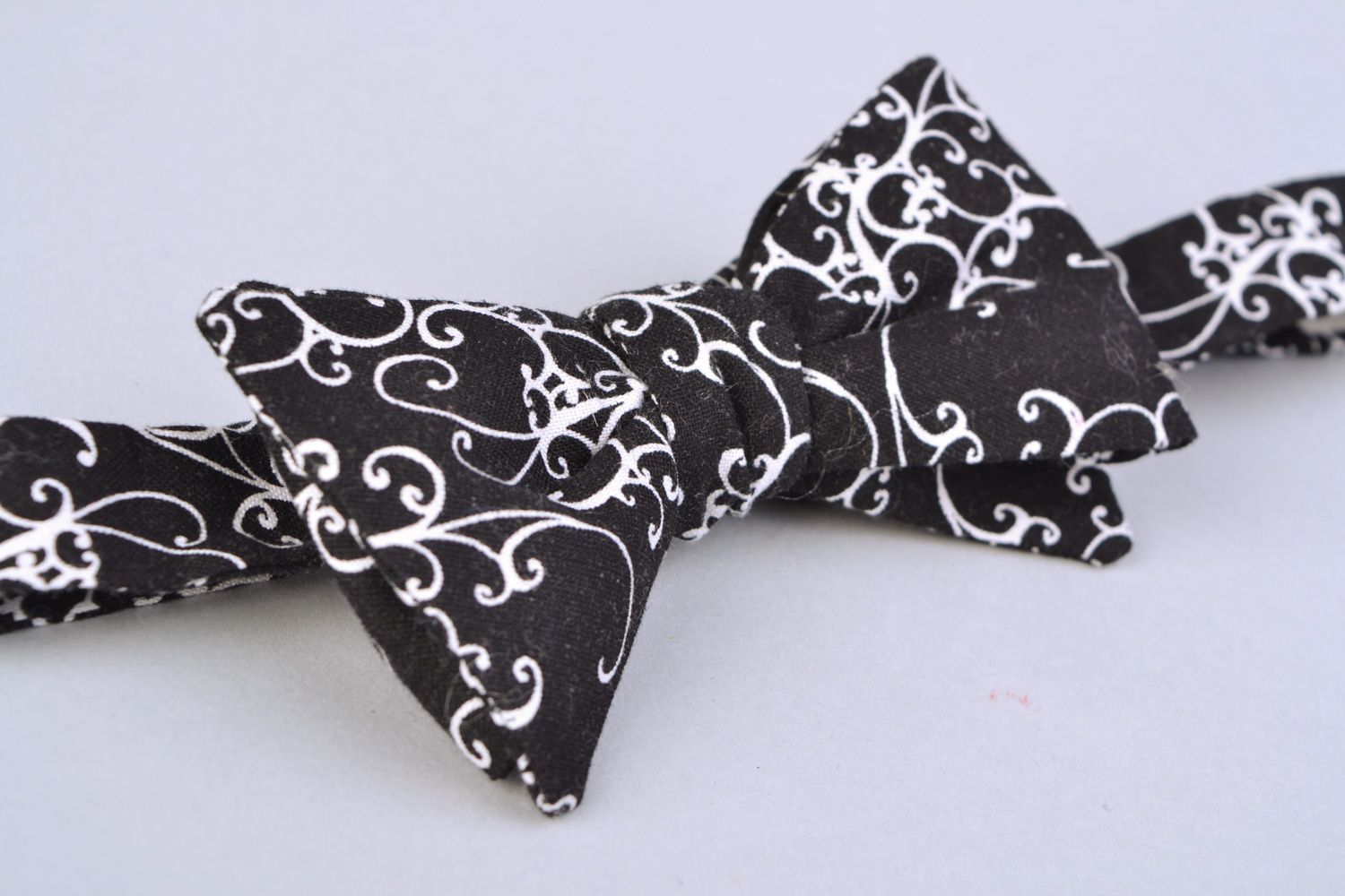 Handmade black and white fabric bow tie with abstract pattern for men and women photo 5