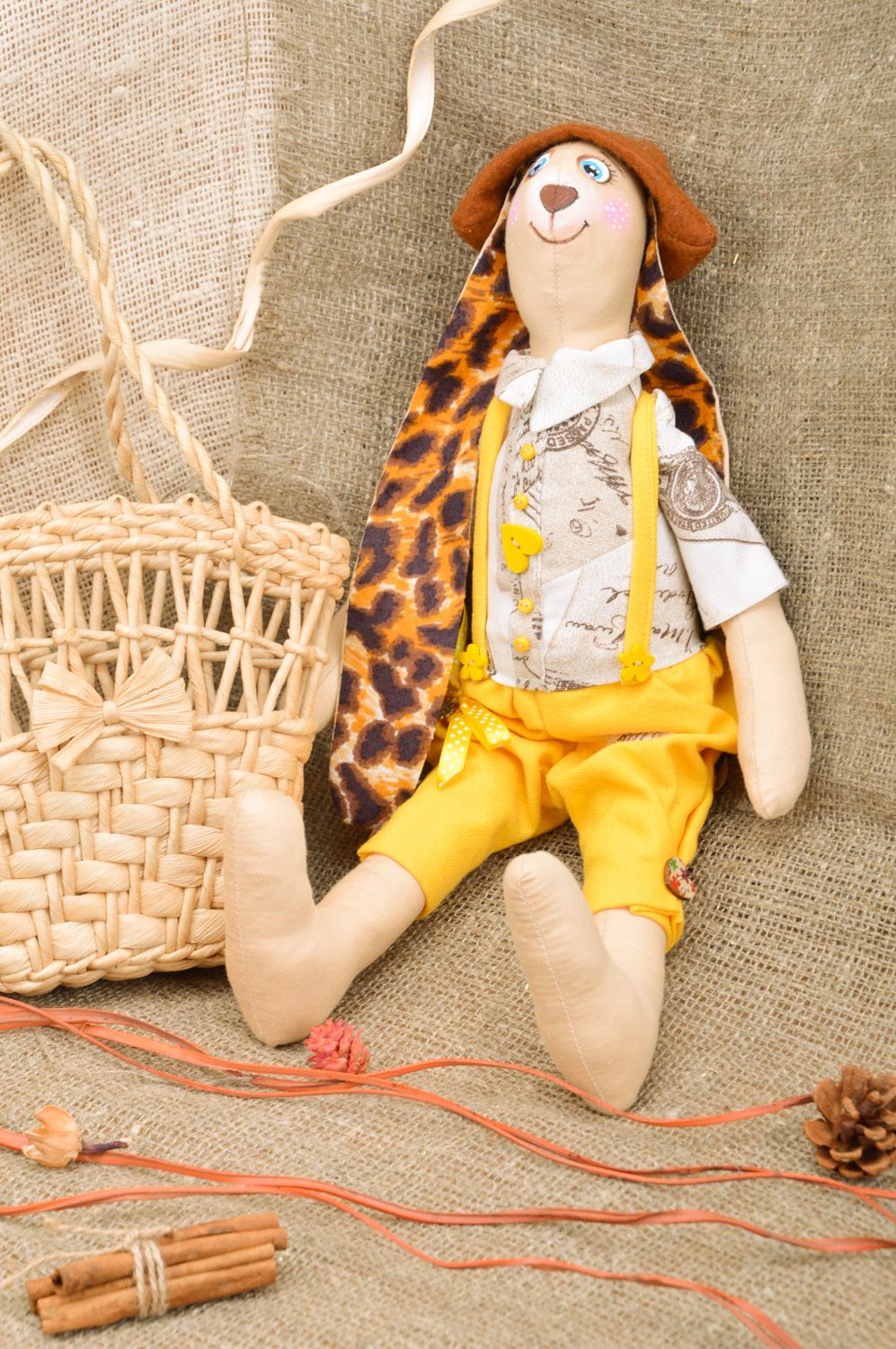 Handmade designer toy sewn of tapestry fabric Rabbit in yellow trousers photo 1