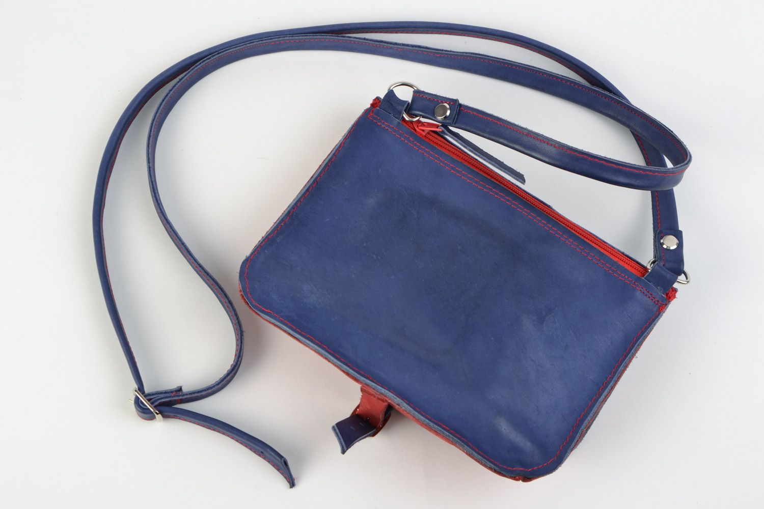 Handmade genuine leather clutch bag in blue and red colors with long handle  photo 4