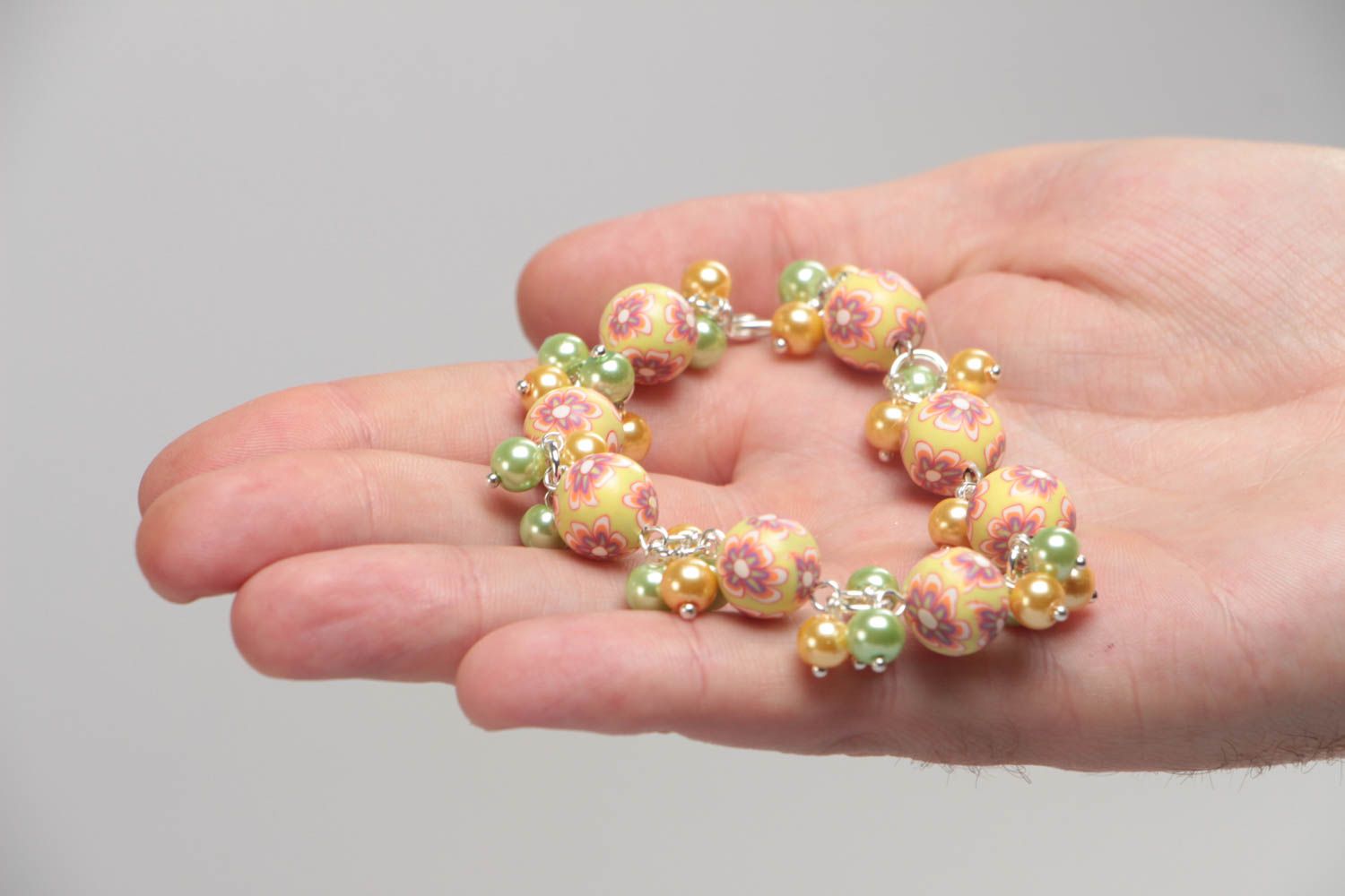 Children's handmade yellow polymer clay bracelet with ceramic pearls photo 5