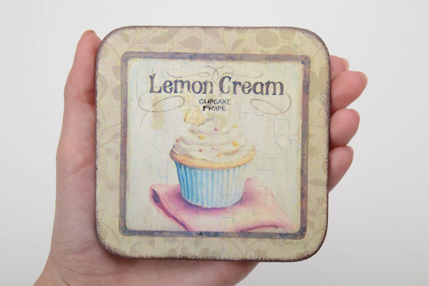 Homemade decoupage plywood coaster for cups with cake print photo 5