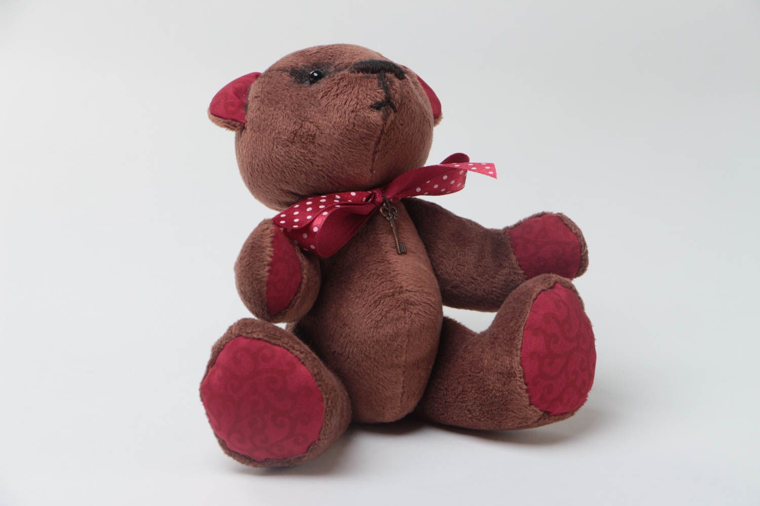 Handmade designer plush soft toy small brown and red bear with bow for children photo 2