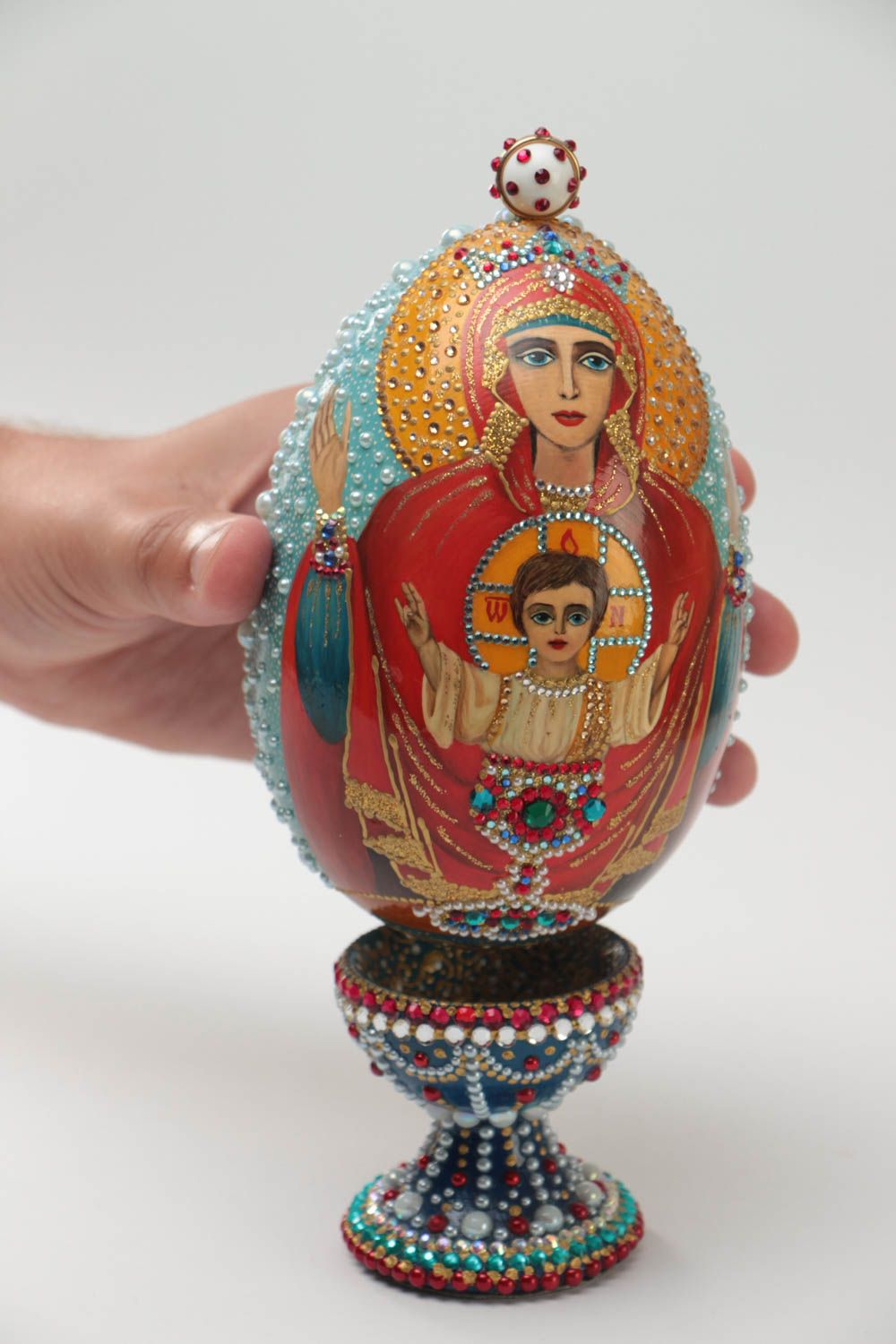 Handmade beaded wooden egg with icon Inexhaustible Cup painted with  acrylics  photo 5