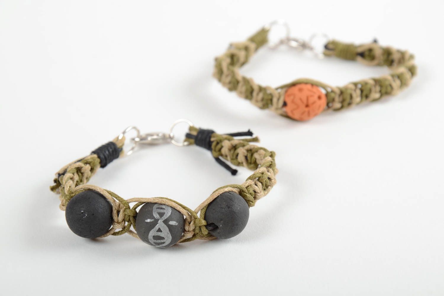 Set of 2 handmade woven bracelets with clay beads ceramic bracelets gift ideas photo 1