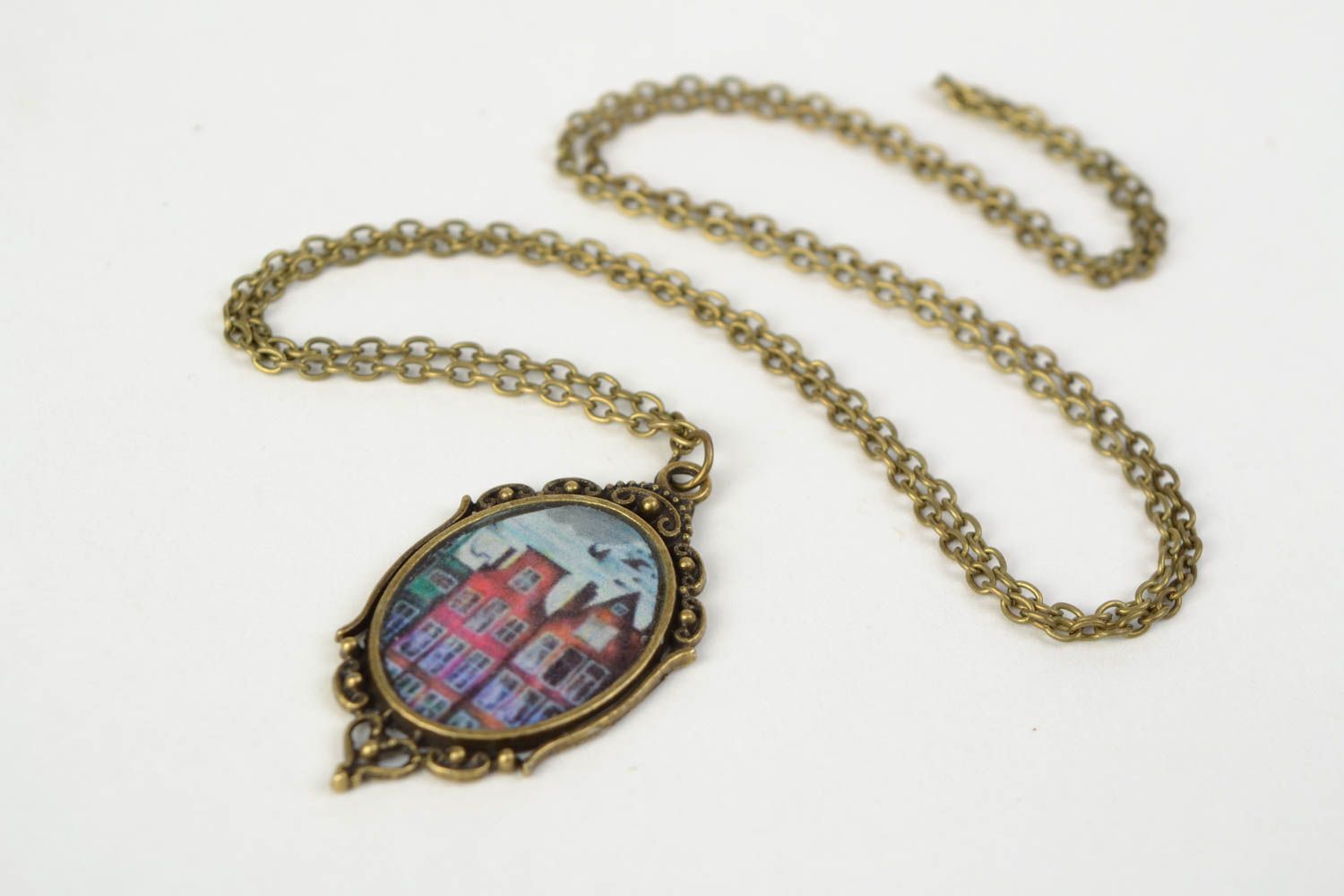 Handmade decoupage vintage neck pendant with Amsterdam cityscape for women photo 3