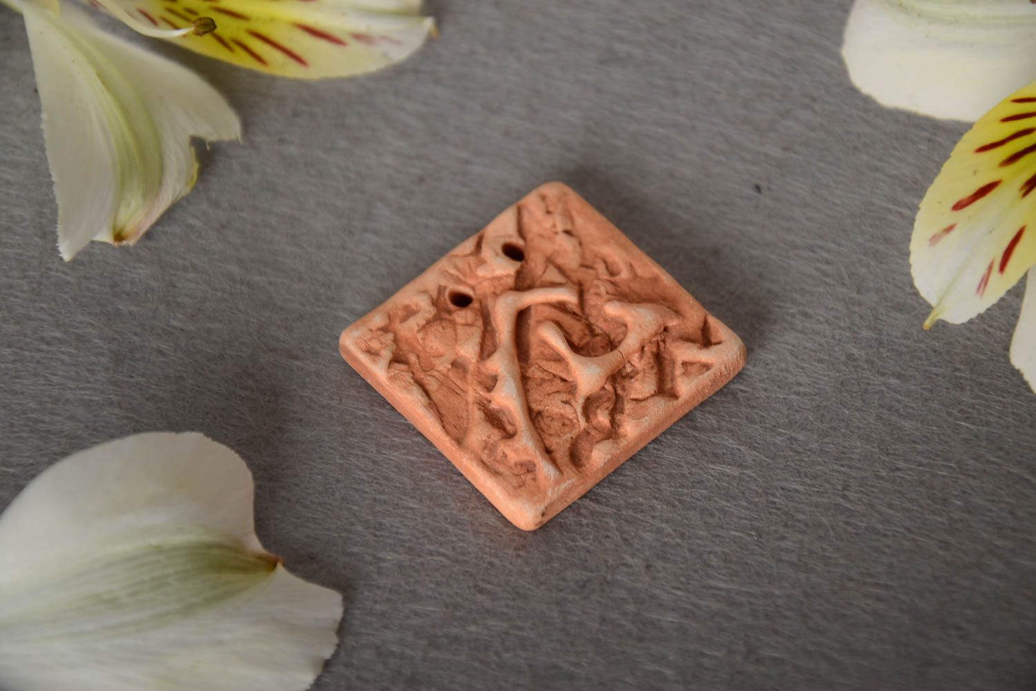 Homemade flat ceramic jewelry component with relief surface ethnic pendant  photo 1