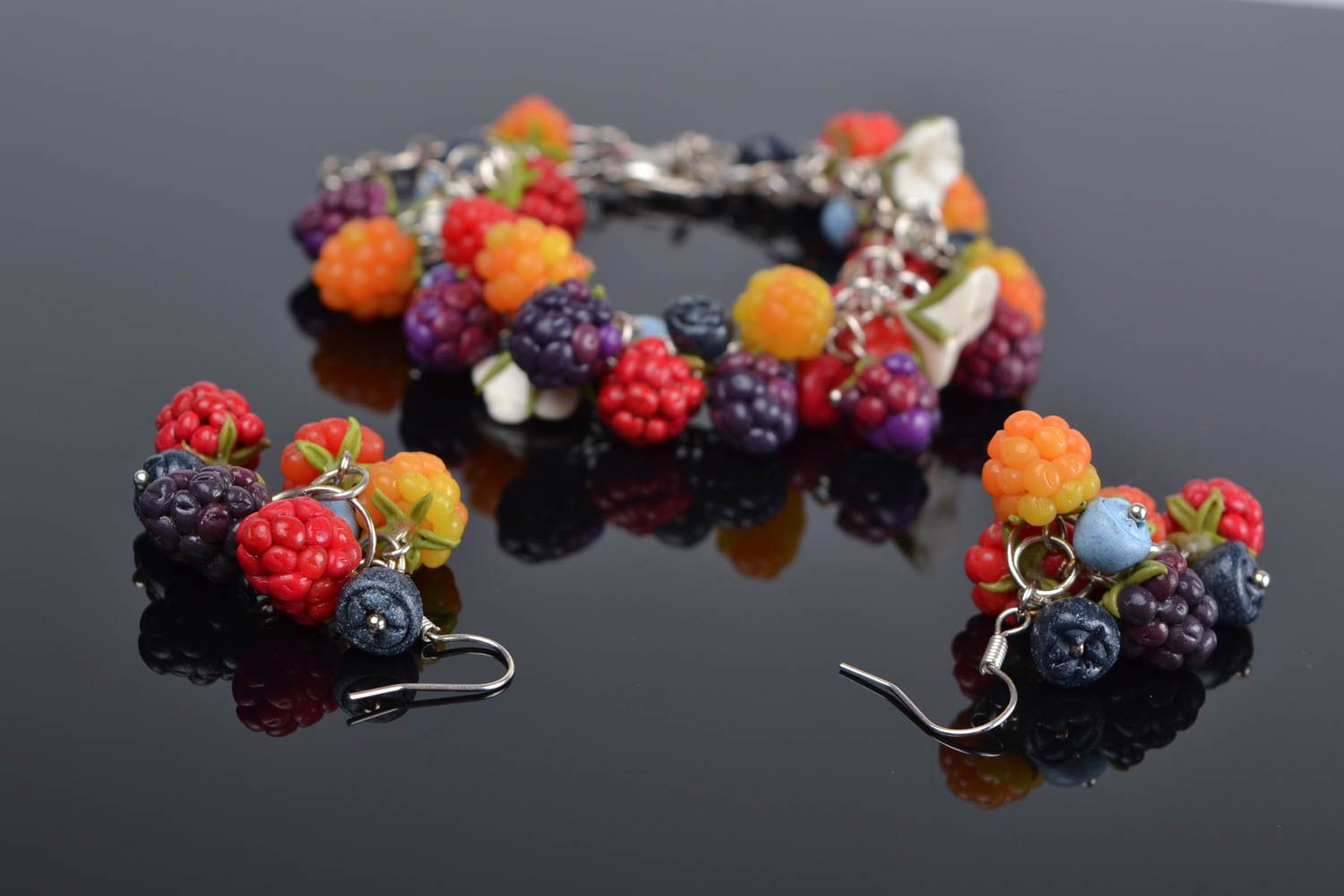Beautiful stylish handmade polymer clay berry earrings and bracelet jewelry set photo 1