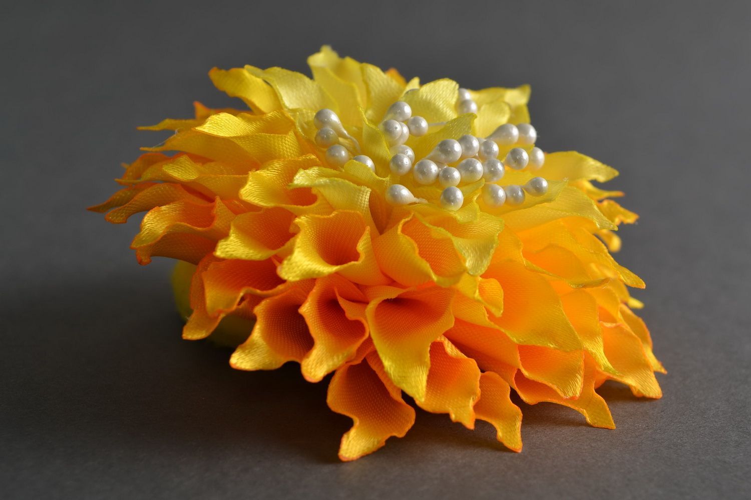 Handmade decorative hair band with large volume satin ribbon yellow flower  photo 1