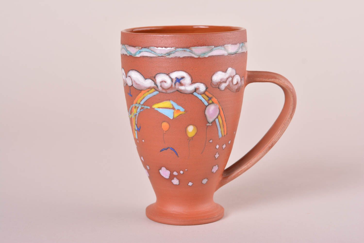 Tall red clay glazed 5 oz cup with boys' pattern and a handle photo 3