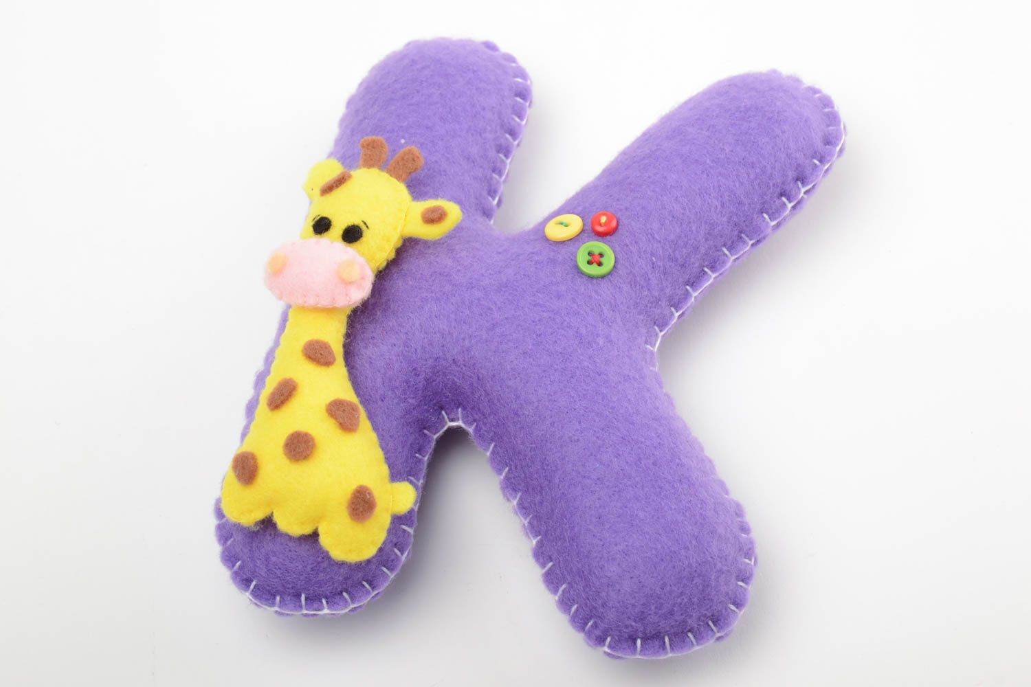 Handmade decorative soft letter K sewn of violet felt with yellow giraffe for kids photo 2