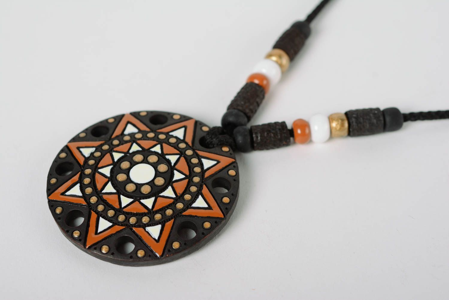 Beautiful handmade designer clay neck pendant with ornament and enamel painting photo 2