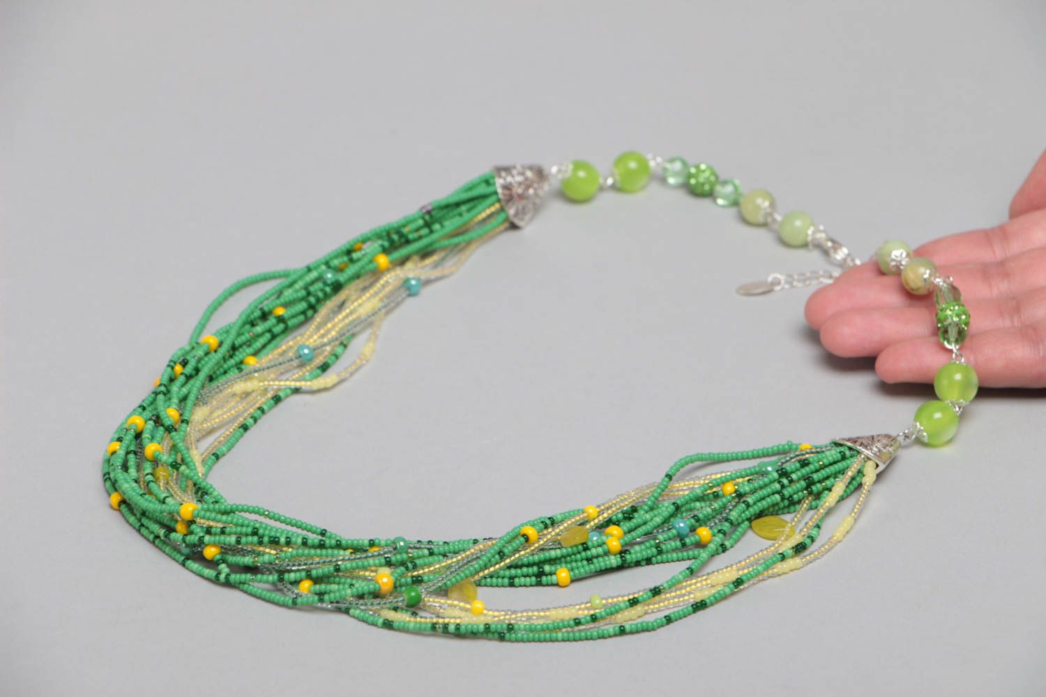 Handmade multi row beaded necklace in green and yellow color combination photo 5