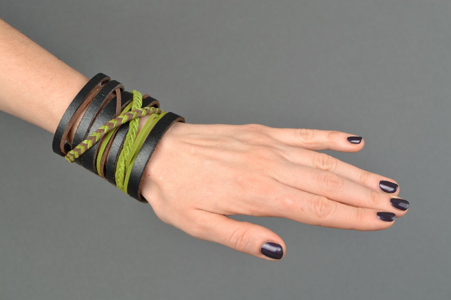 Wide leather bracelet with weaving photo 2