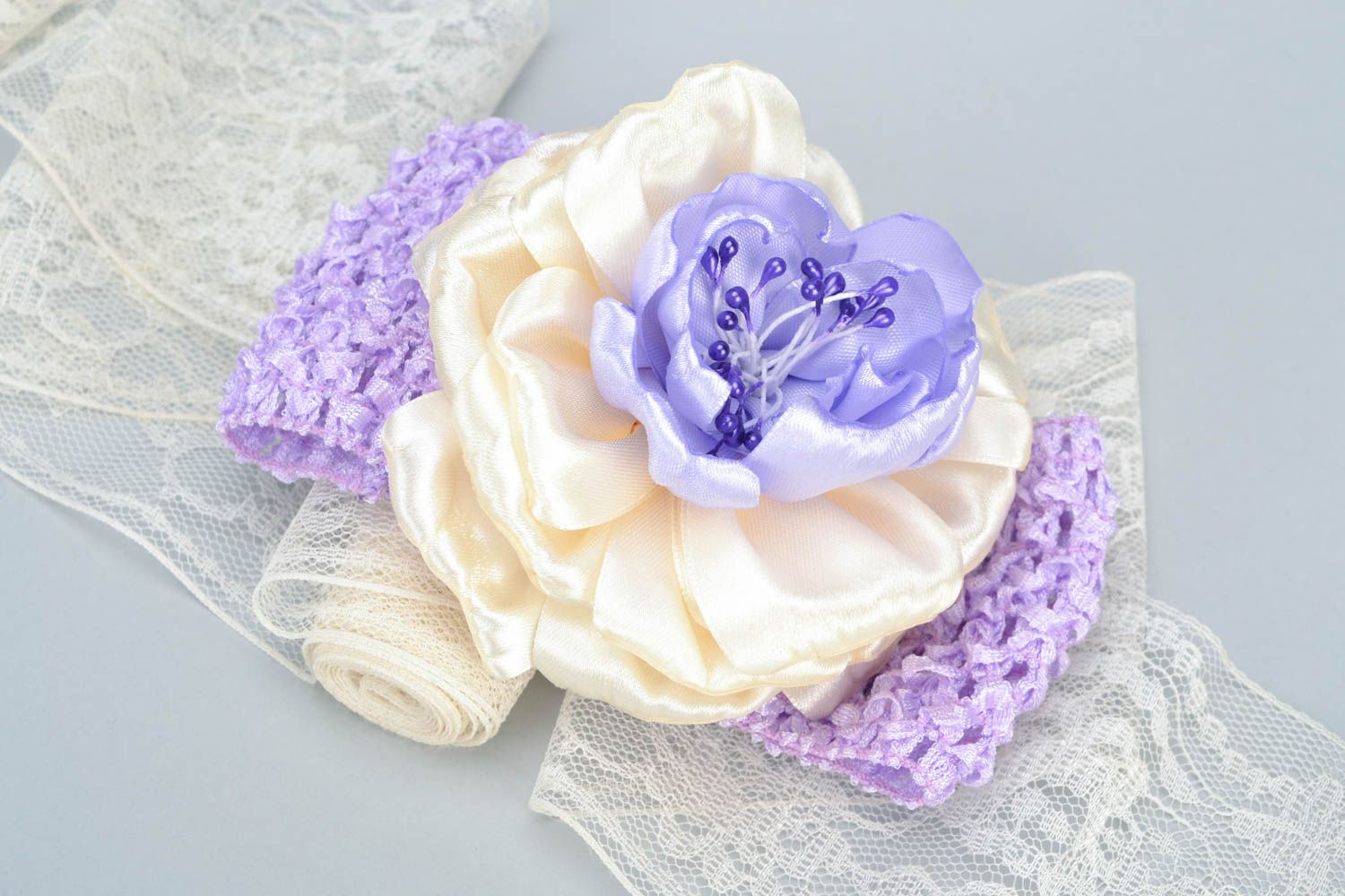 Handmade decorative headband with volume white and violet flower for baby girl photo 1