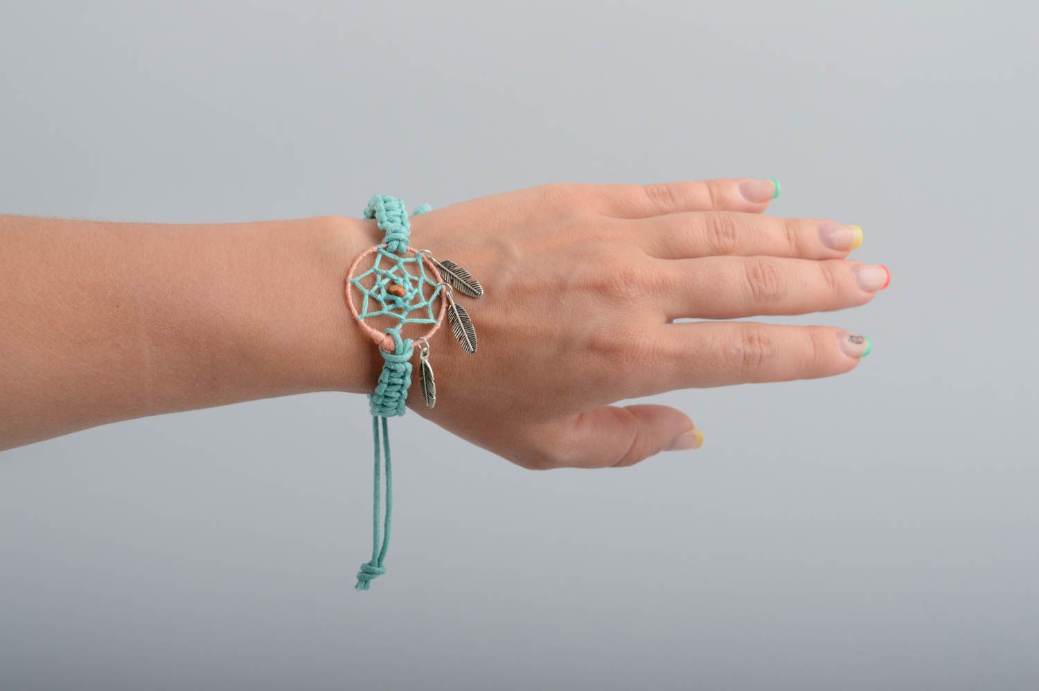 Handmade macrme woven waxed cord blue wrist bracelet with dreamcatcher amulet photo 6
