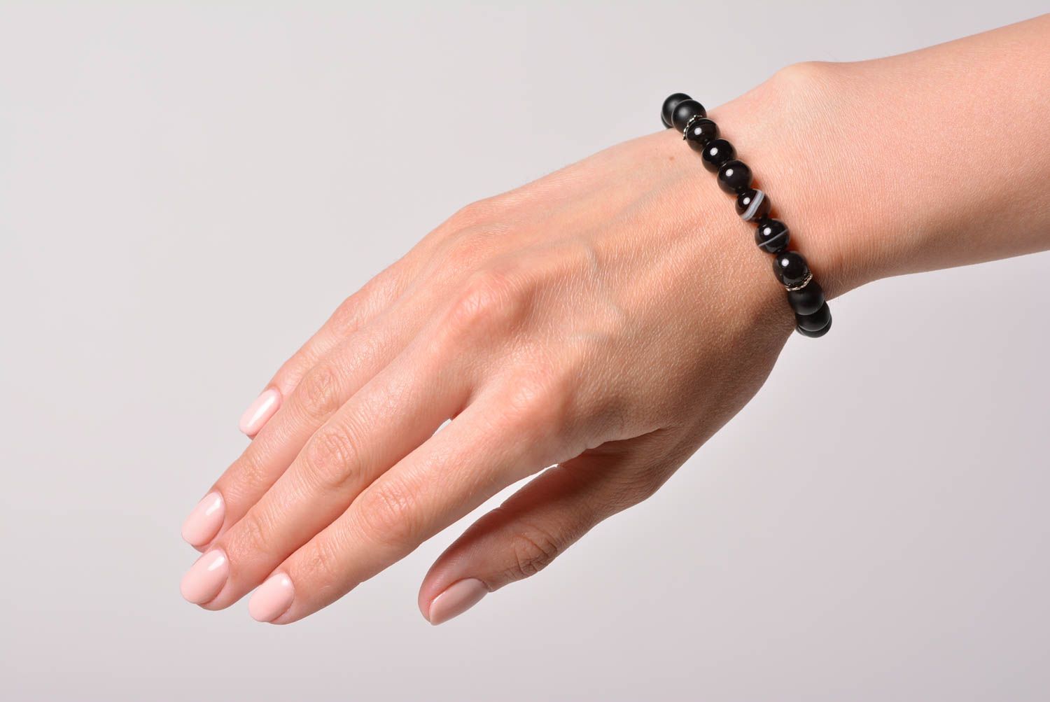 Handmade laconic wrist bracelet with natural black agate stone beads for women photo 1