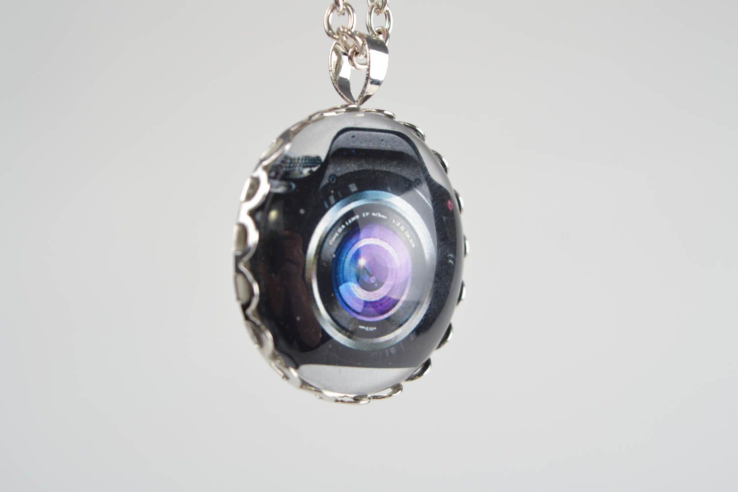 Handmade simple round glass pendant with image of photo camera on metal chain photo 4