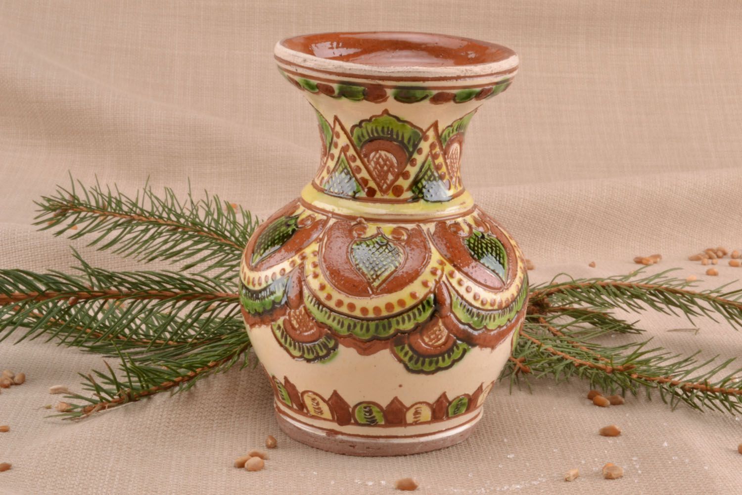 4 inch ceramic hand-painted green&brown vase jug 0,58 lb photo 1