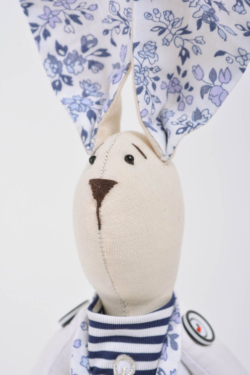 Handmade small soft toy rabbit sailor with long ears with floral pattern photo 5