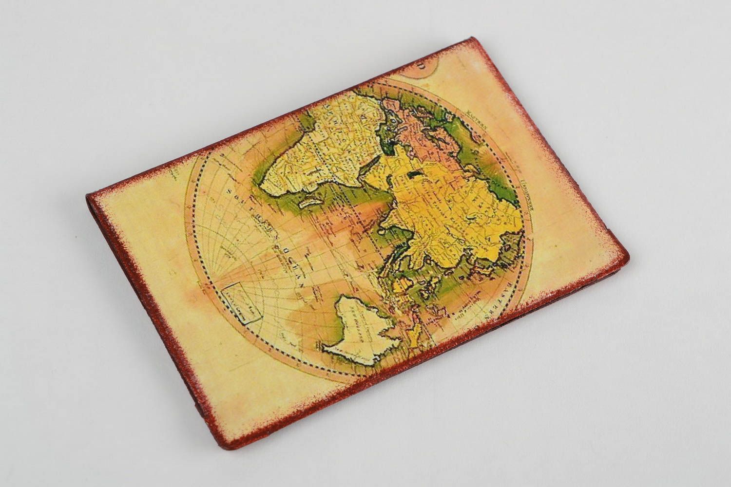 Handmade designer faux leather passport cover with decoupage Map of the World photo 4