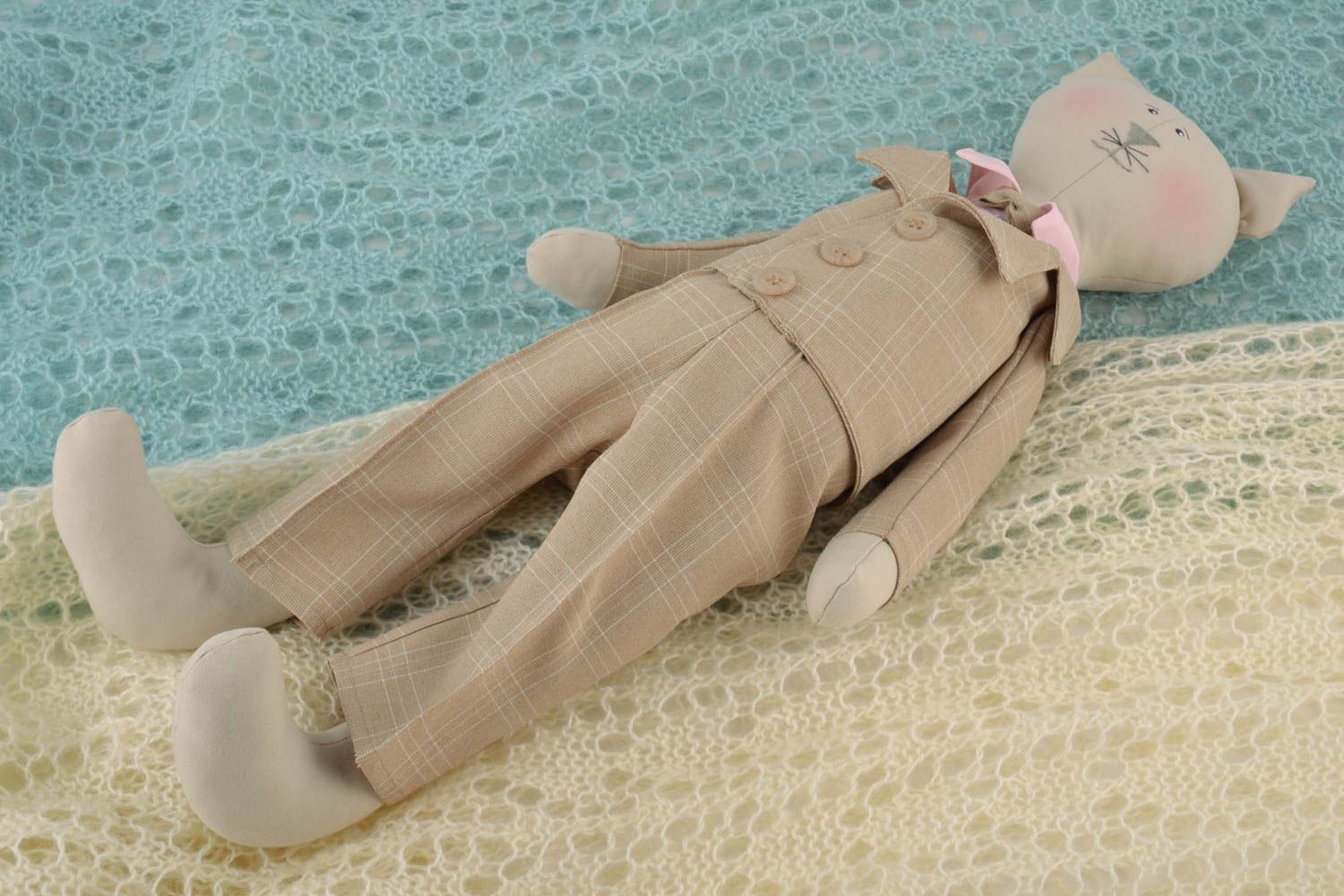 Handmade linen fabric soft toy gentleman cat in suit of pastel color palette photo 1