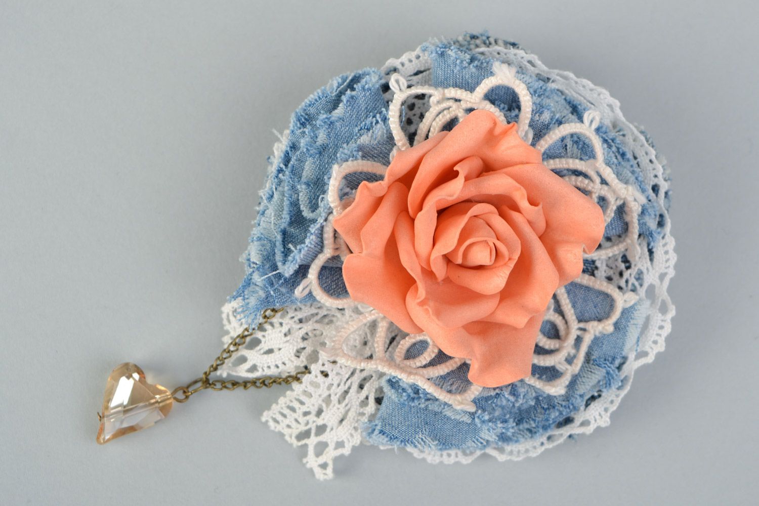 Handmade hair clip brooch with volume coral foamiran and blue cotton fabric flower photo 5