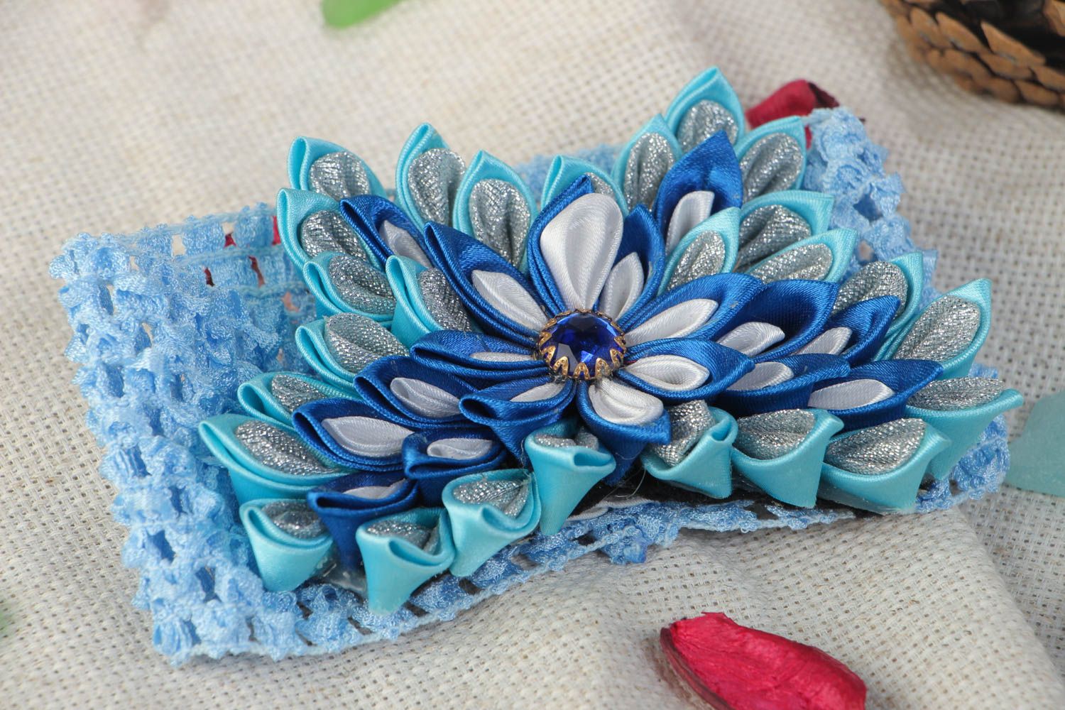 Handmade designer headband with stretch basis and volume blue kanzashi flower photo 1