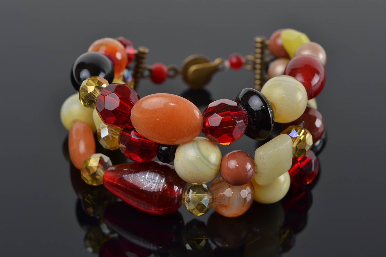 Handmade designer colorful bright wide wrist bracelet with natural stones beads photo 1