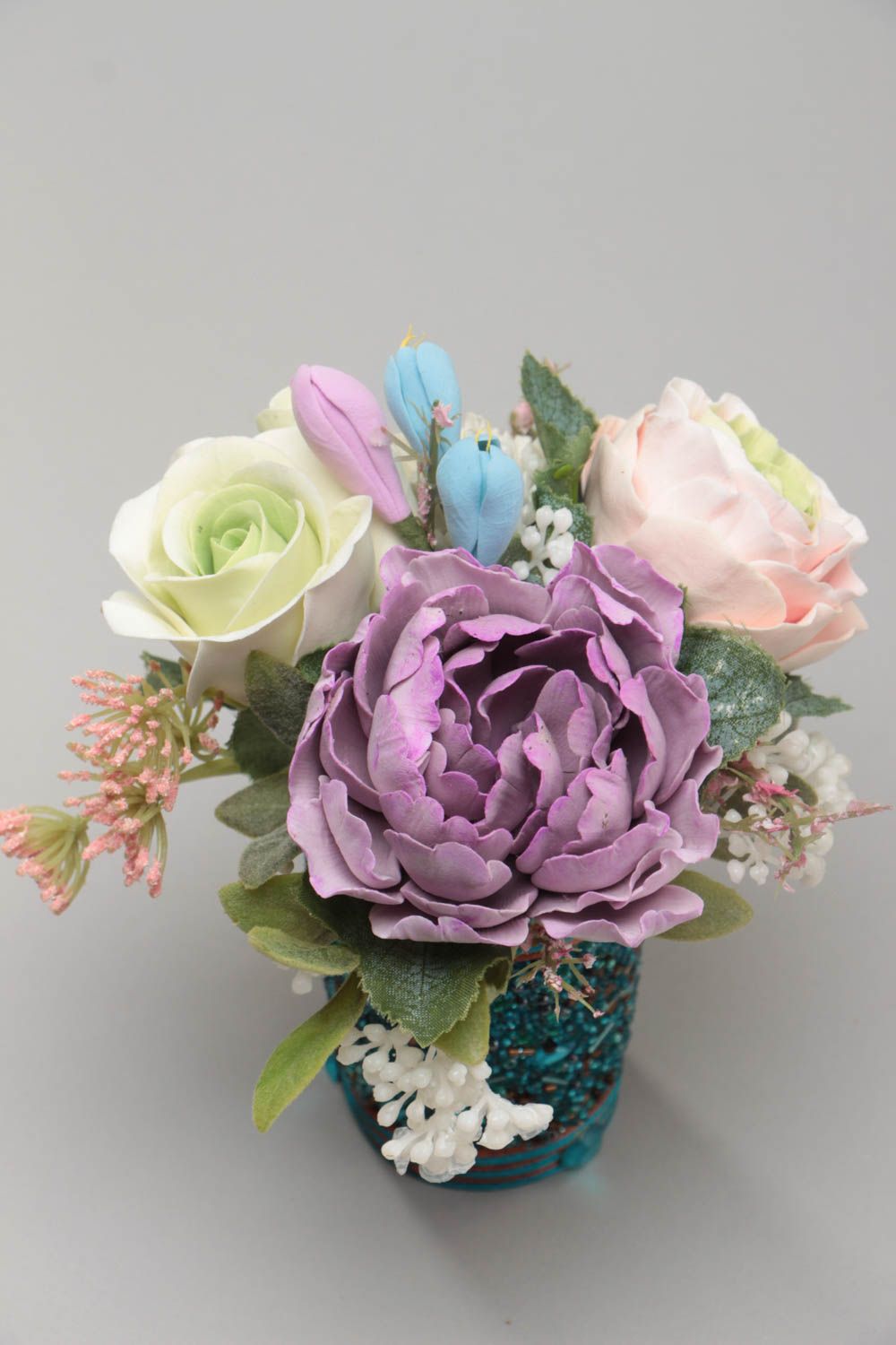 Fleurs artificielles en pâte polymère décoratives faites main Pivoine et Roses photo 2
