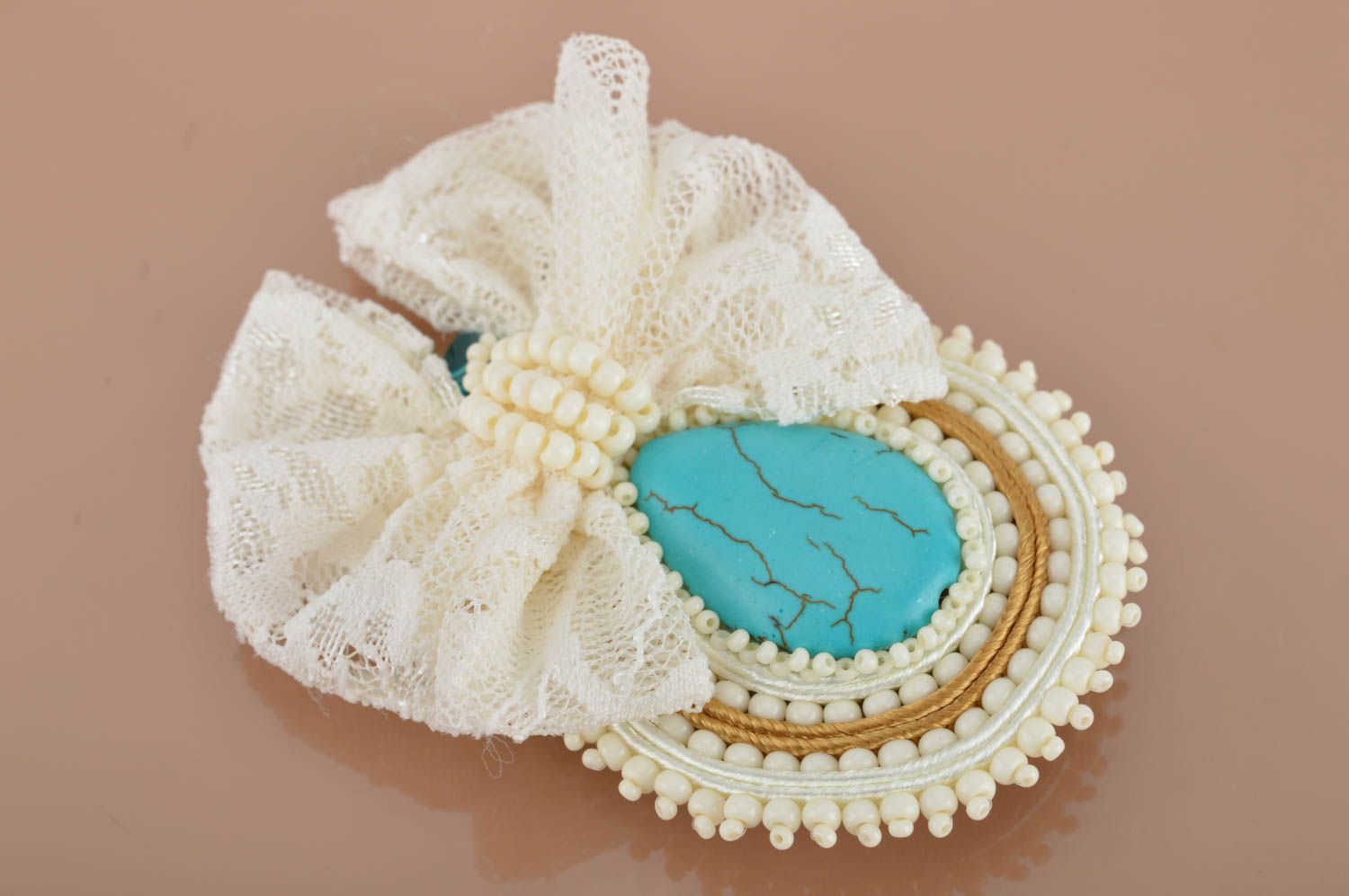 Beautiful handmade elegant soutache brooch adorned with beads and lace photo 2